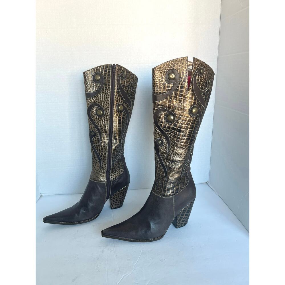 Veruska European Western Bronze Studded Vegan Cowgirl Knee High Boots Sz 6 Slim
